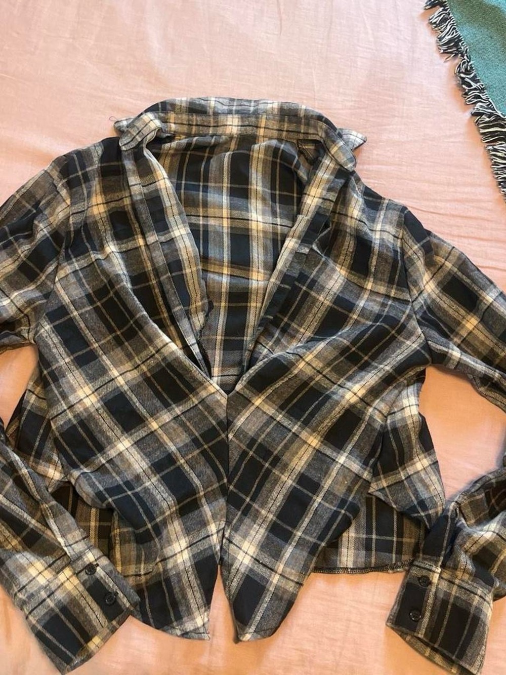 Plaid Black and Cream Open-Front Women's Top